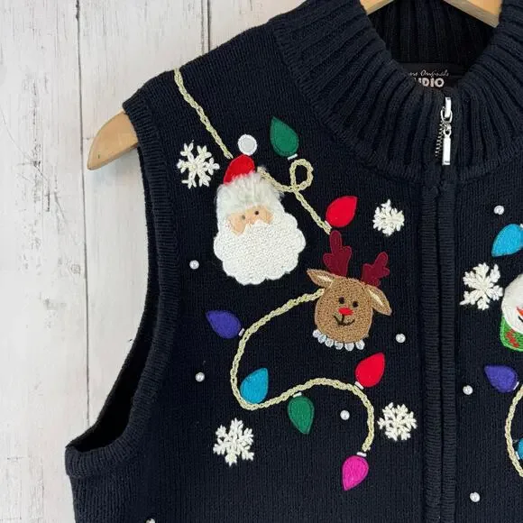 VTG Designers Originals Black Embroidered Christmas Sweater Vest Size Large - Picture 2 of 12